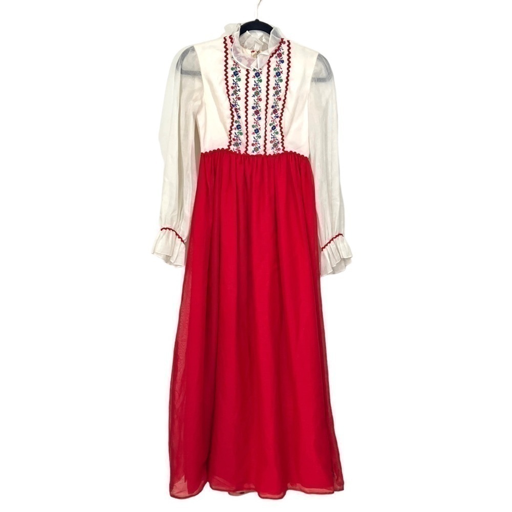 Vintage Union Made 70s Embroidered Empire Waist Ruffle Neck Maxi Dress Lined